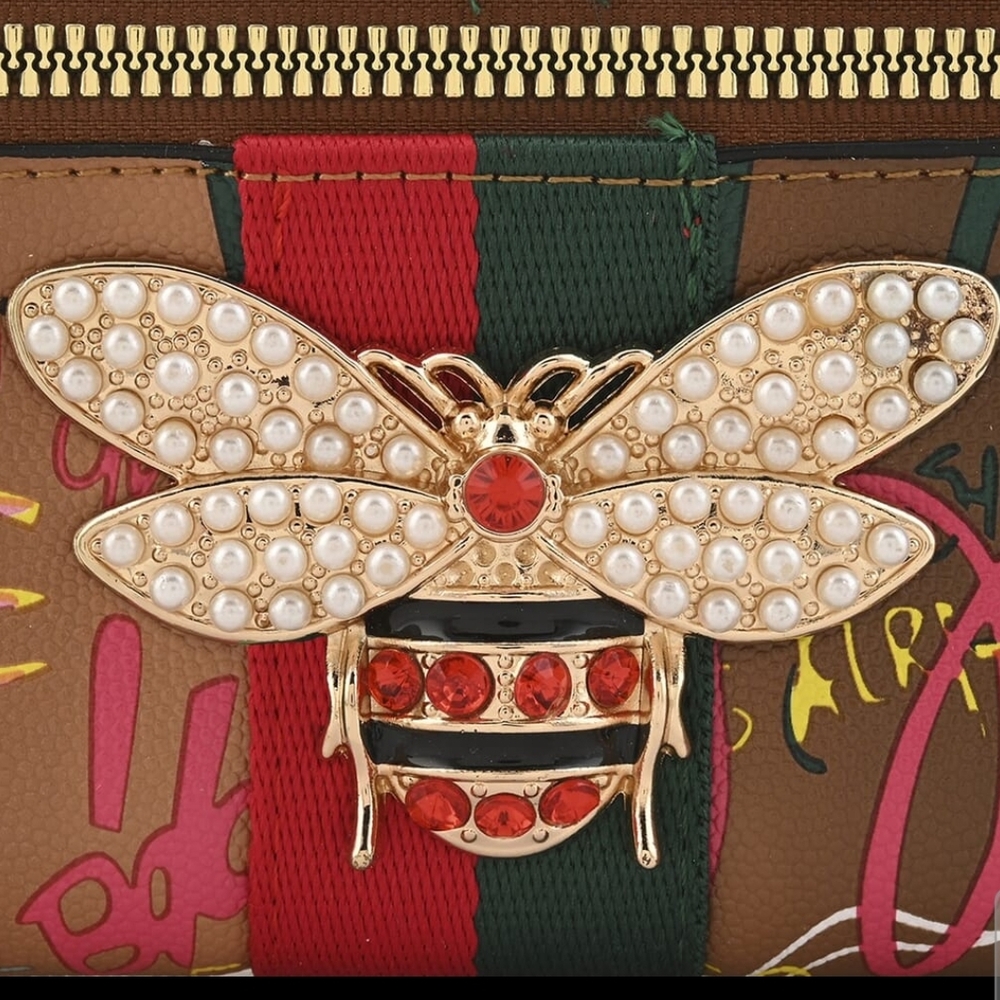 Alba Brown and Green Wallet with Luxurious Bee Design